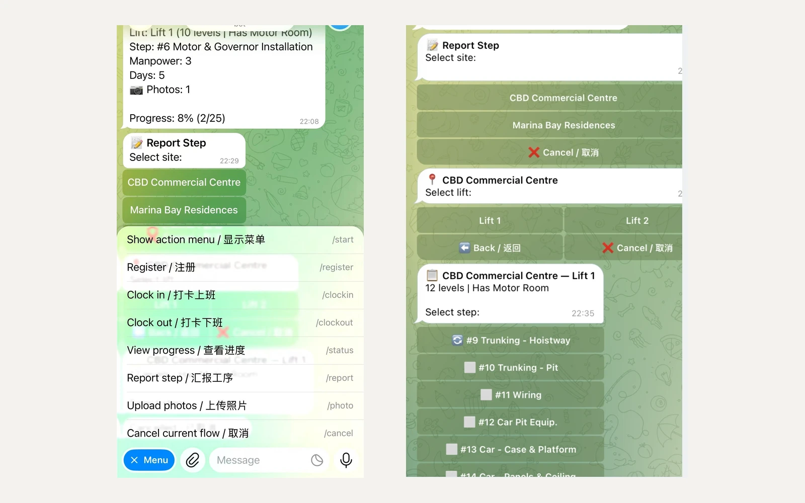 工人在工地用 Telegram 上报：工序、人手、照片——直接落库。